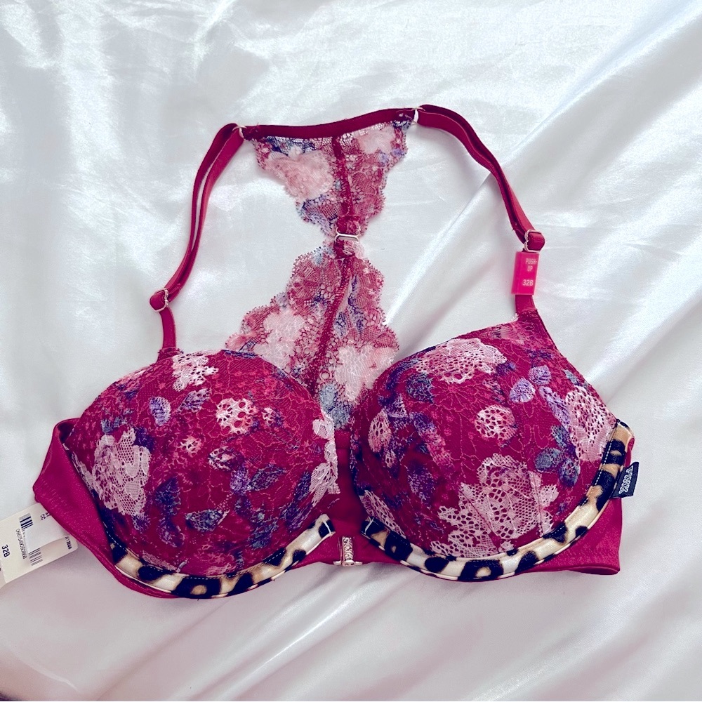NWT Victoria Secret PINK Red and Lacey push up bra 32B